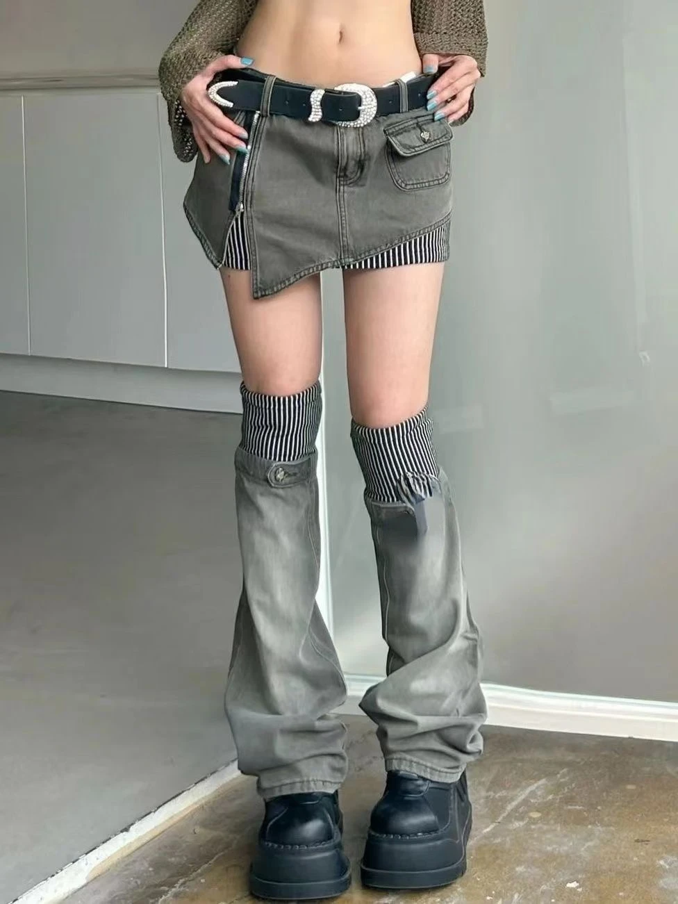 

New Design Fashion Patchwork Striped Skirt Women Denim Short Skirt Bottoms High Waist Sexy Korean Grey Hiphop Punk Streetwear