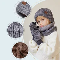 Winter Children Hat Scarf Gloves Set Knitted Beanie Thicken Velvet Lining Hats for Boys Girls Neck Warmer Scarves Mitten 4-10Y 3