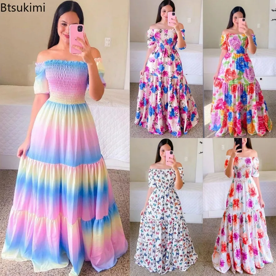 

2024 Women's Elegant Off-Shoulder Long Dress Spring Summer Dress High Waist Flower Print Short Sleeve Evening Party Dress Robe