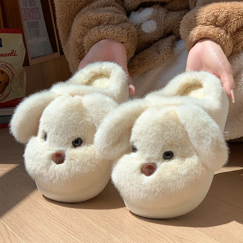 Faux Fur Cute Dogs Cotton Slippers Women Thick Bottom Non Slip House Cotton Slippers Woman Winter Indoor Warm Plush Sides Lady