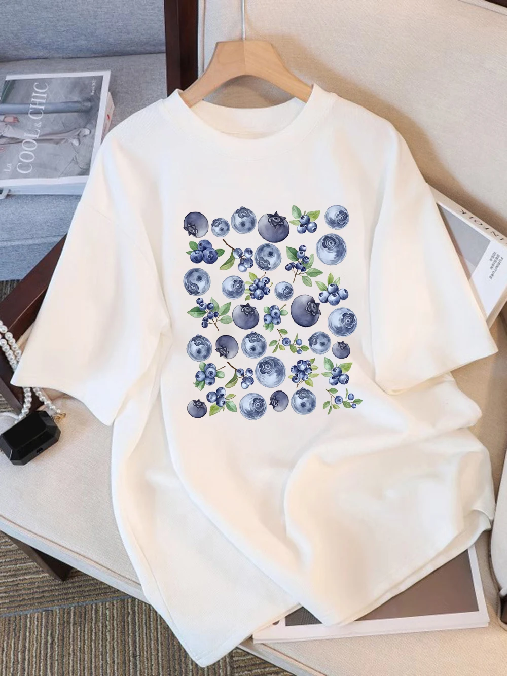 Sommer-T-Shirts aus 100 % Baumwolle für Damen, frische Blaubeerfrüchte, bedruckt, Oberteile, weiches, lockeres T-Shirt mit O-Ausschnitt, Urlaub, lässige Damenkleidung