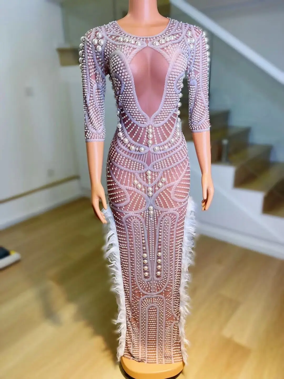 

White Pearls Mesh Sexy Feather Dance Dress Birthday Celebrate Evening Costume Female Singer Show Stretch Long Dress