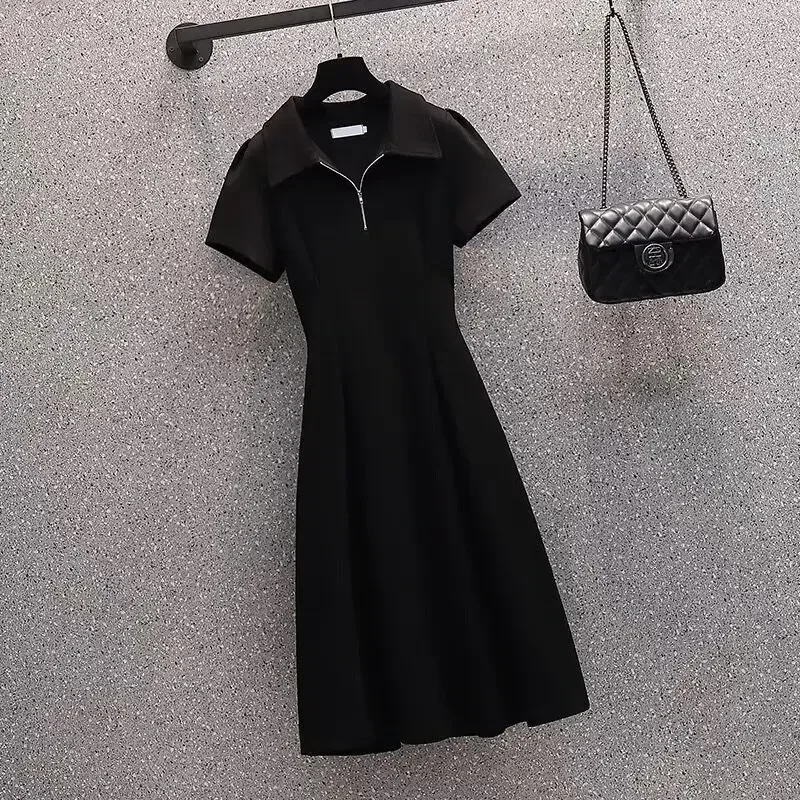 

Turn-down Collar Knee-length Dresses Solid Women's Clothing Empire Pullover Summer Short Sleeve Slim Comfortable Leisure J95