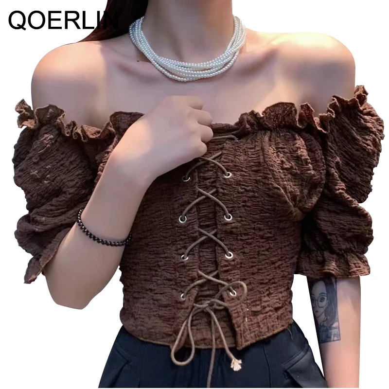 QOERLIN Vintage Blouse Slash Neck Coffee Short Tops Lace-Up Off Shoulder Ruffles Folds Shirts Female White Korean Fashion Summer