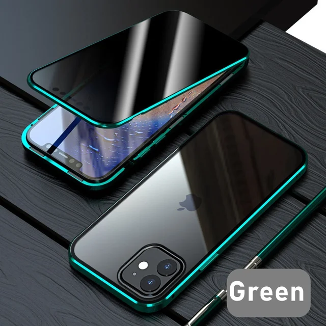 Tongdaytech Privacy Magnetic Case For Iphone XS 13 12 11 Pro MAX XR 6 7 8 Plus Magnet Metal Tempered Glass 360 Protective Cover Green