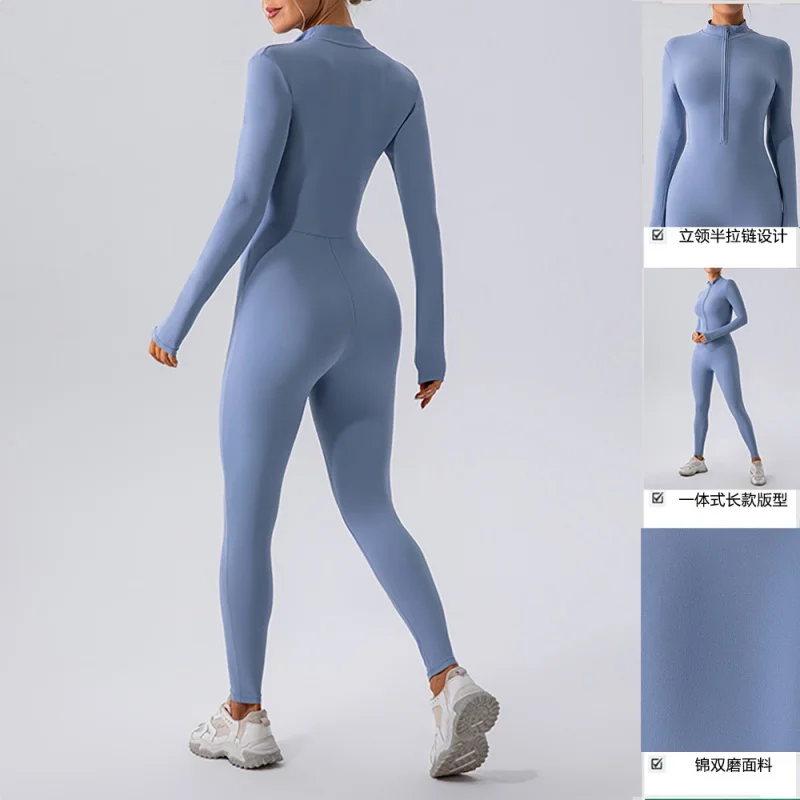 

European and American Long-Sleeve Zipper Yoga Jumpsuit Women's Sports Fitness Training Dance One-Piece Bodysuit
