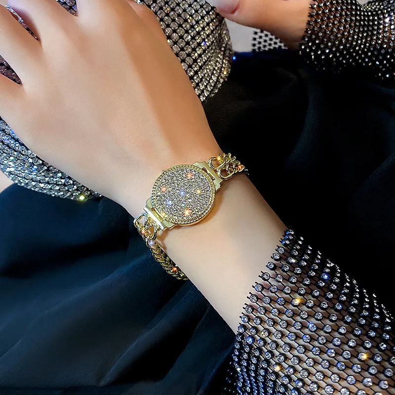 Fashion Bracelet Fashion Jewelry Luxurious Full of Rhinestone Clock Dial Bracelets For Women Shiny Crystal Gold Plated Bracelet Party Jewelry Gift