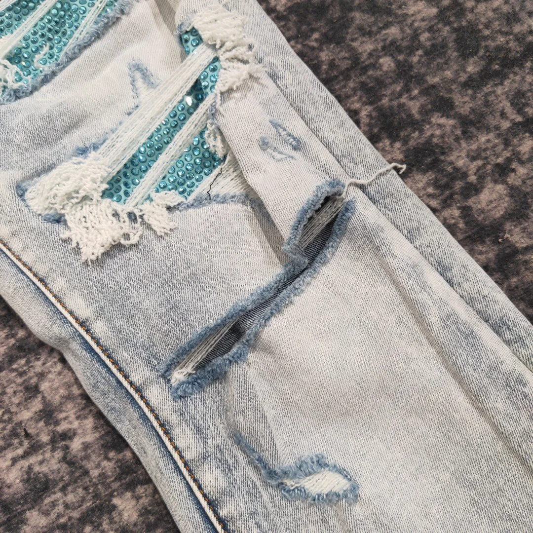 men diamond sequinces distressed lt blue jeans 5