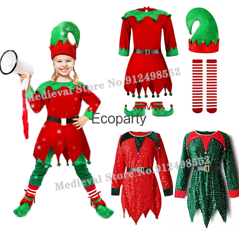 

Adult Children Christmas Santa Claus Costume Kids Green Elf Cosplay Carnival Carnival Party Outfit Girls New Year Fancy Dress Up