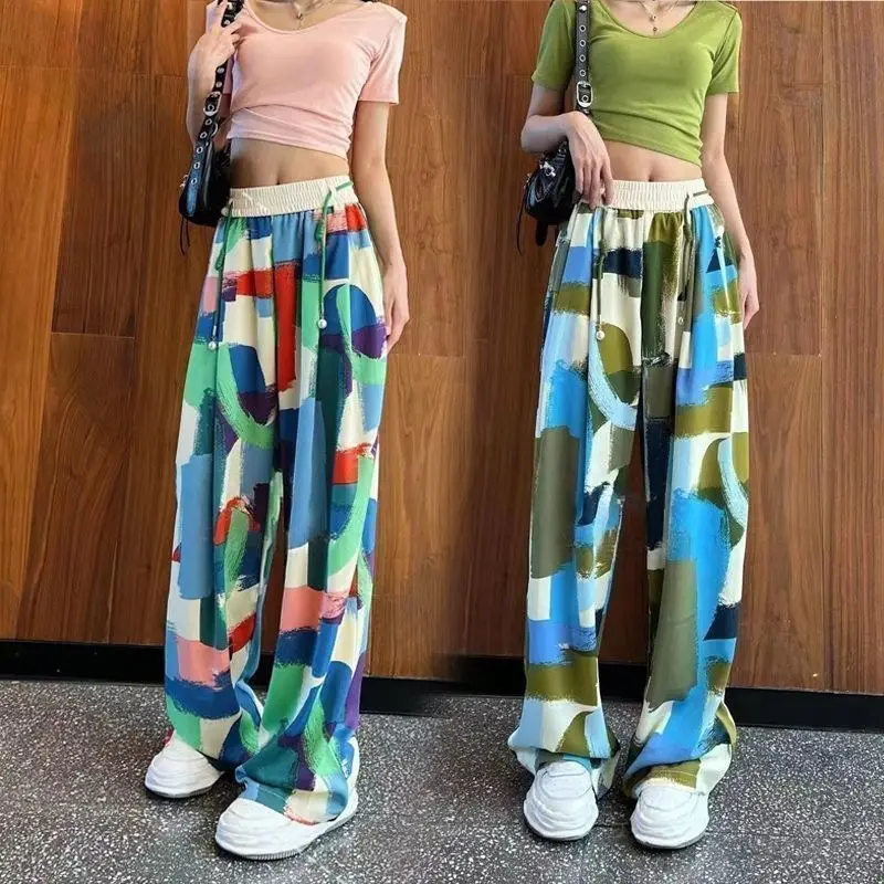 2024 Summer New Women's Printed Korean Beachy Loose Elasticized High-waisted Drawstring Fashion Straight Casual Wide Leg Pants
