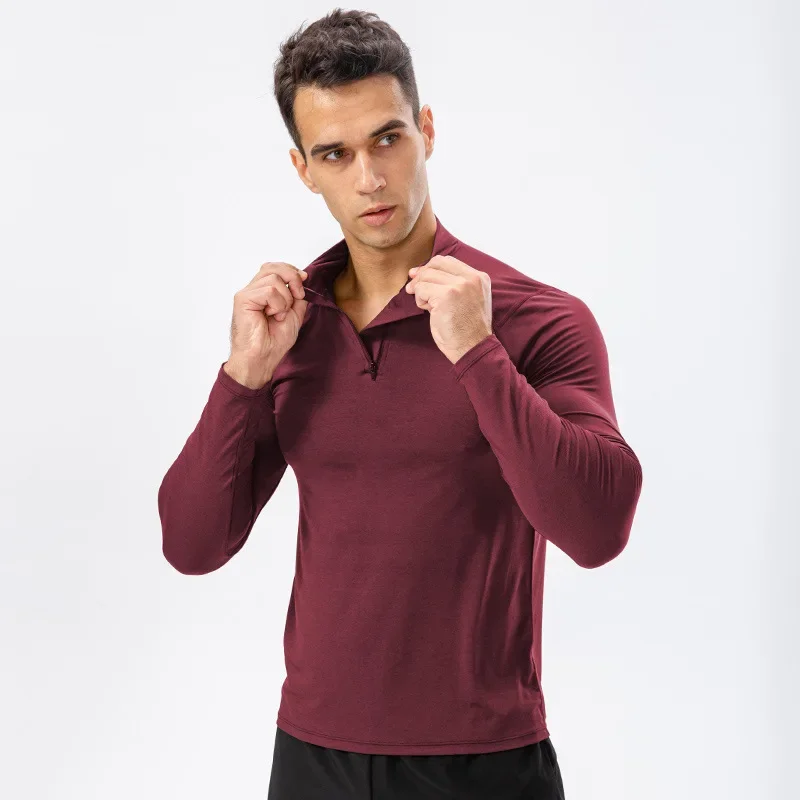 Men's Autumn Fitness Exercise Gym Pullover Quick-Dry Running T-Shirts Half-Zipper Slim Training