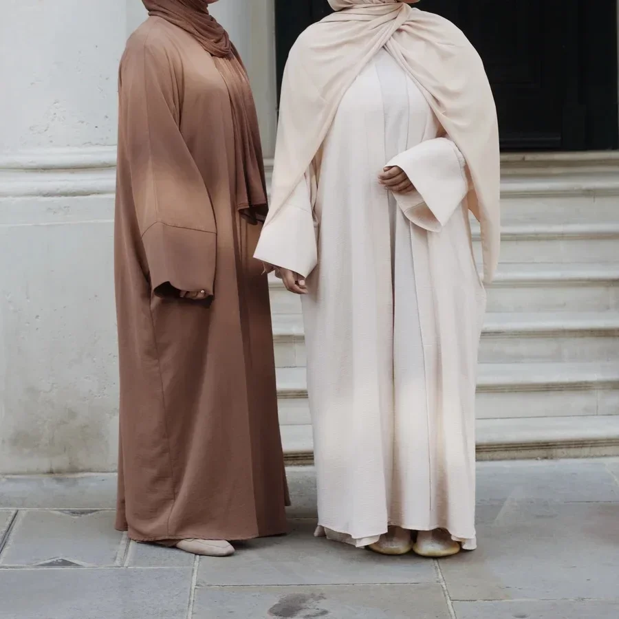 

2 Piece Matching Muslim Sets Hijab Dress Plain Eid Abayas for Women Dubai Open Abaya Turkey Inner Dresses African Islam Clothing