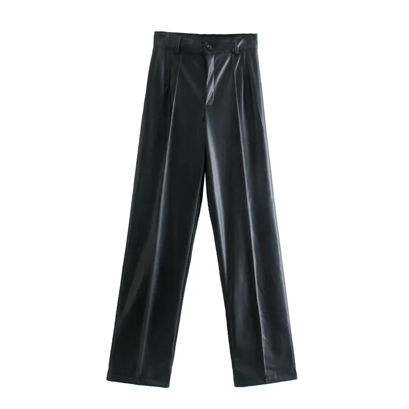 

Faux Leather Pant Za Black Pants Women High Waist Woman Trousers Autumn 2021 Fashion Streetwear Wide Leg Pant Loose Pants