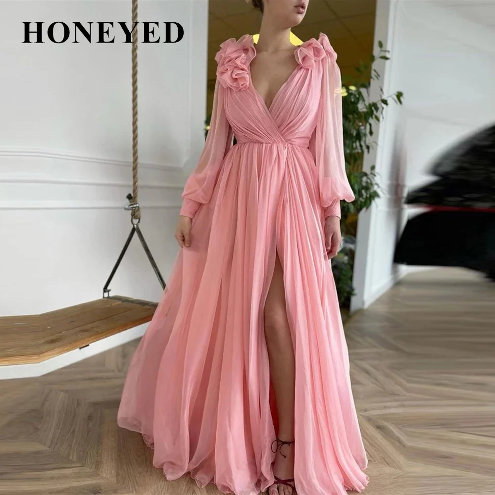 

2023 элегантные шифоновые Детские платья Honeyed PinkV с длинным рукавом и драпированными плечами вечерние платья пикантные с Боковым Разрезом трапециевидные деловые Выпускные платья