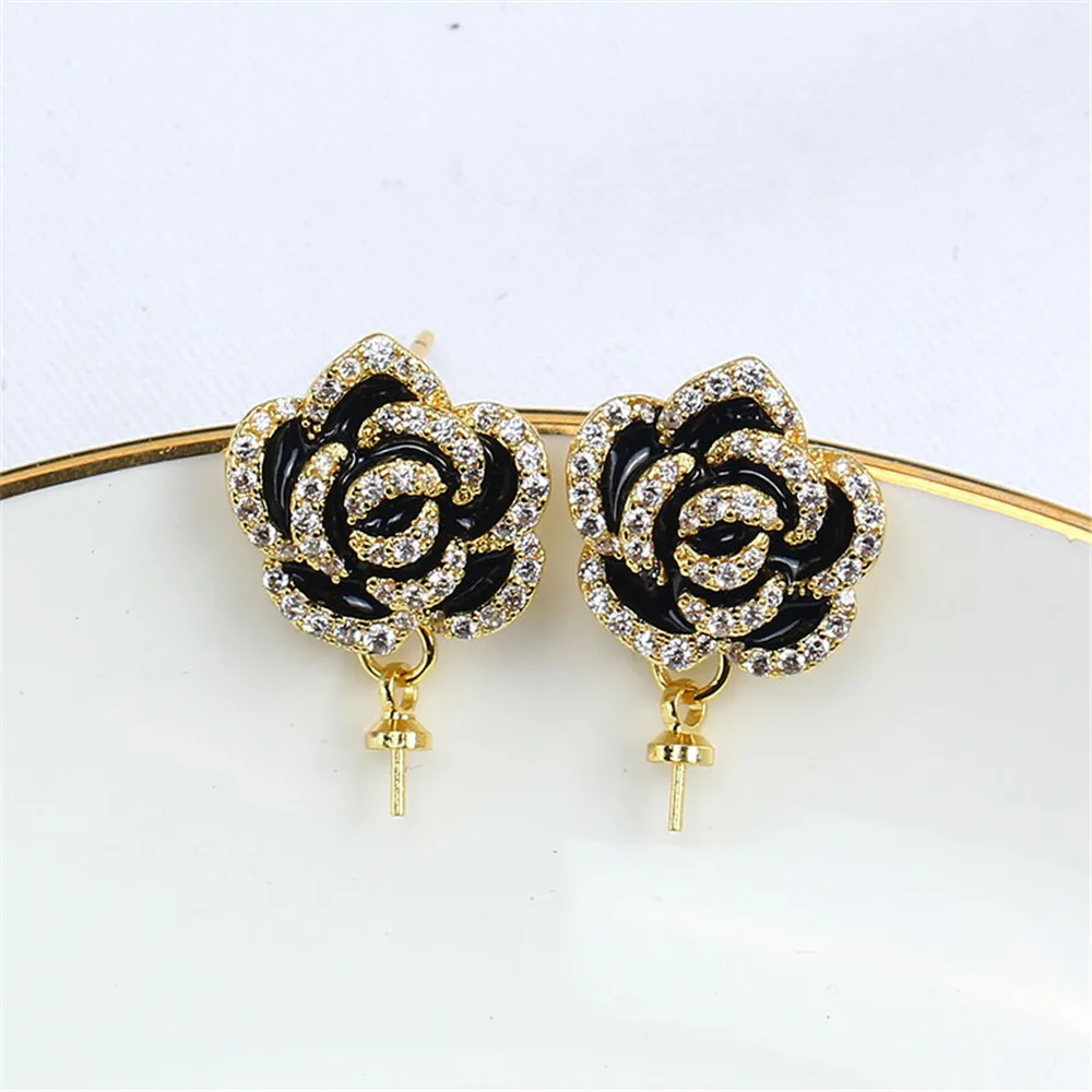 Domestically Produced 14k Gold Wrapped Gold Injection Rose Zircon Pearl Earrings Empty DIY Accessories Elegant Women