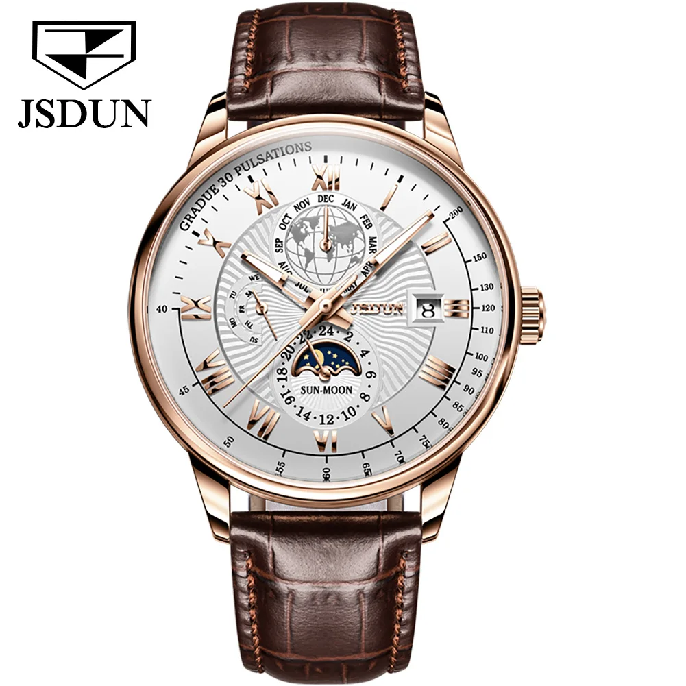 

TAXAU Brand Mechanical Watch For Men Leather Strap Waterproof Man Automatic Clock Multifunction Dial Moonswatch Montre Homme