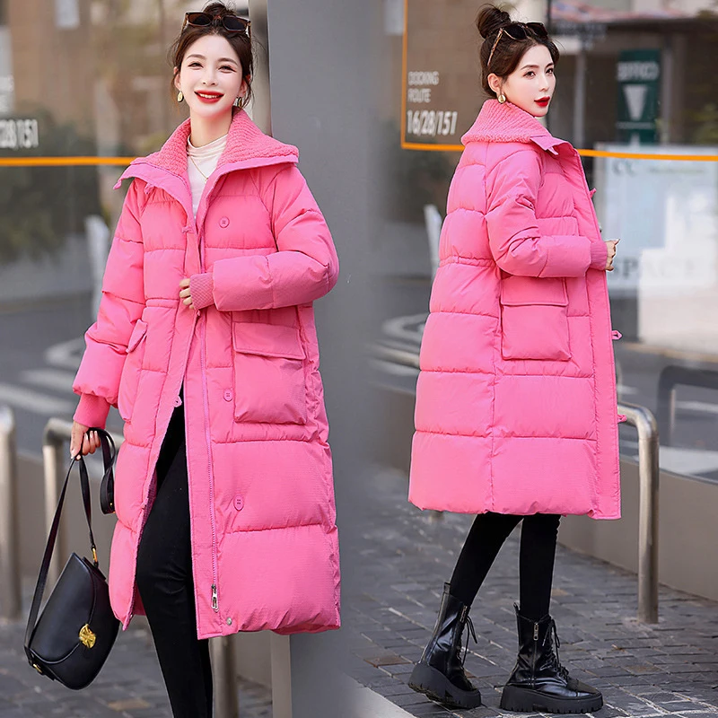 

Kawaii Coat Women Winter Puff Jacket Cotton Padded Warm Long Parka Pink Coat Snow wear Overwear Korean Style Solid Color Outdoor