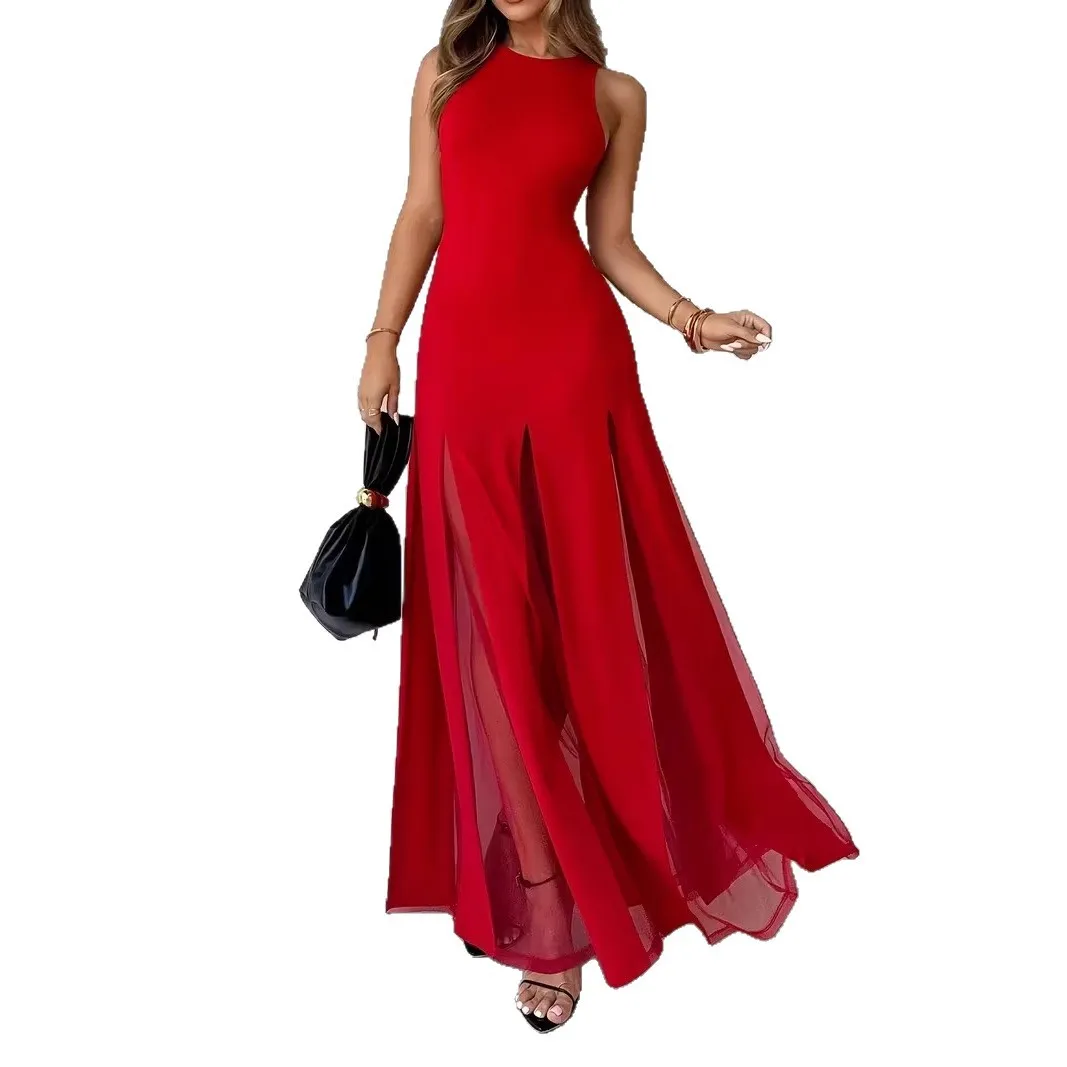 Elegant Beach Summer Sleeveless Dress High Waist A-Line Long Skirt High Split Cross-Border Women's Fashion Dress