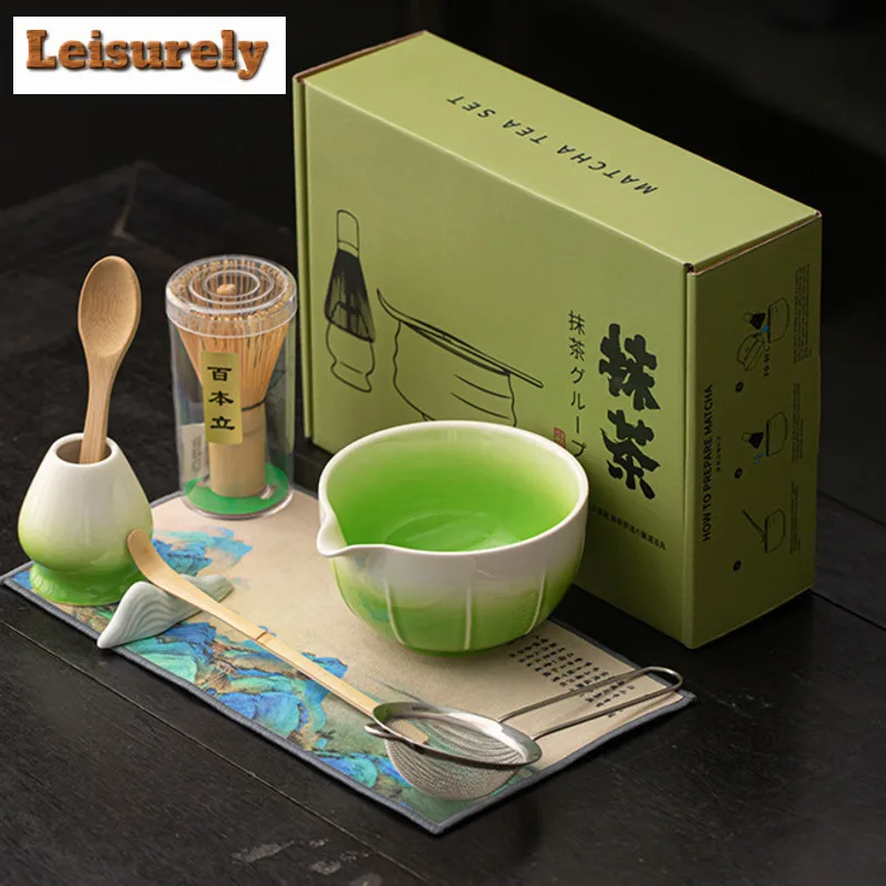8PCS Creative Melon Ribbed Matcha Tea Set Japanese Ceremonial Gradient Color Ceramic Bowl Powder Whisk Gift Set Box Starter Kit