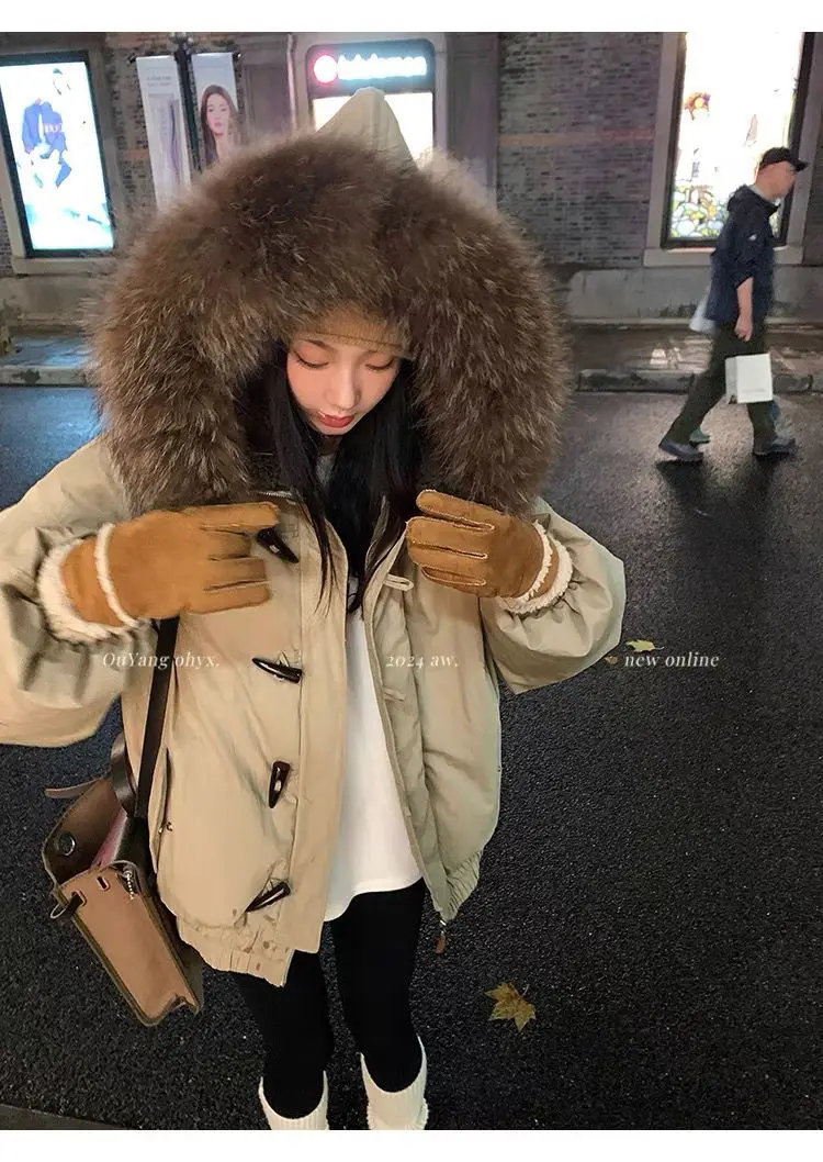 YYAHAHAS 2025 Winter New Cow Horn Button Thick Cotton Coat Retro American Warm Fur Collar Hooded Jacket Female Clothing