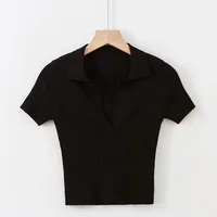 Short Sleeve Collared Crop Top for Women Turn-down Collared Fitted Rib-Knit Tee Shirt Summer Teengirl Y2K Outfit - Image 3