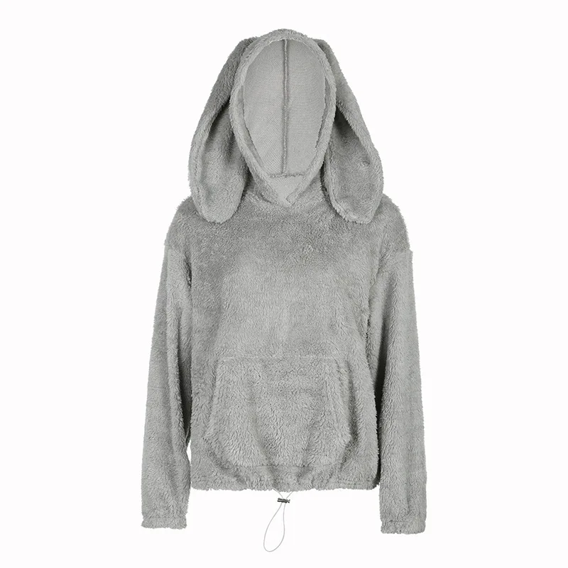 

Cute Girl Solid Color Hooded Rabbit Ear Plush Loose Hoodie Autumn Lazy Feeling Long Top Y2k Woman Clothing Pullovers Sweatshirts