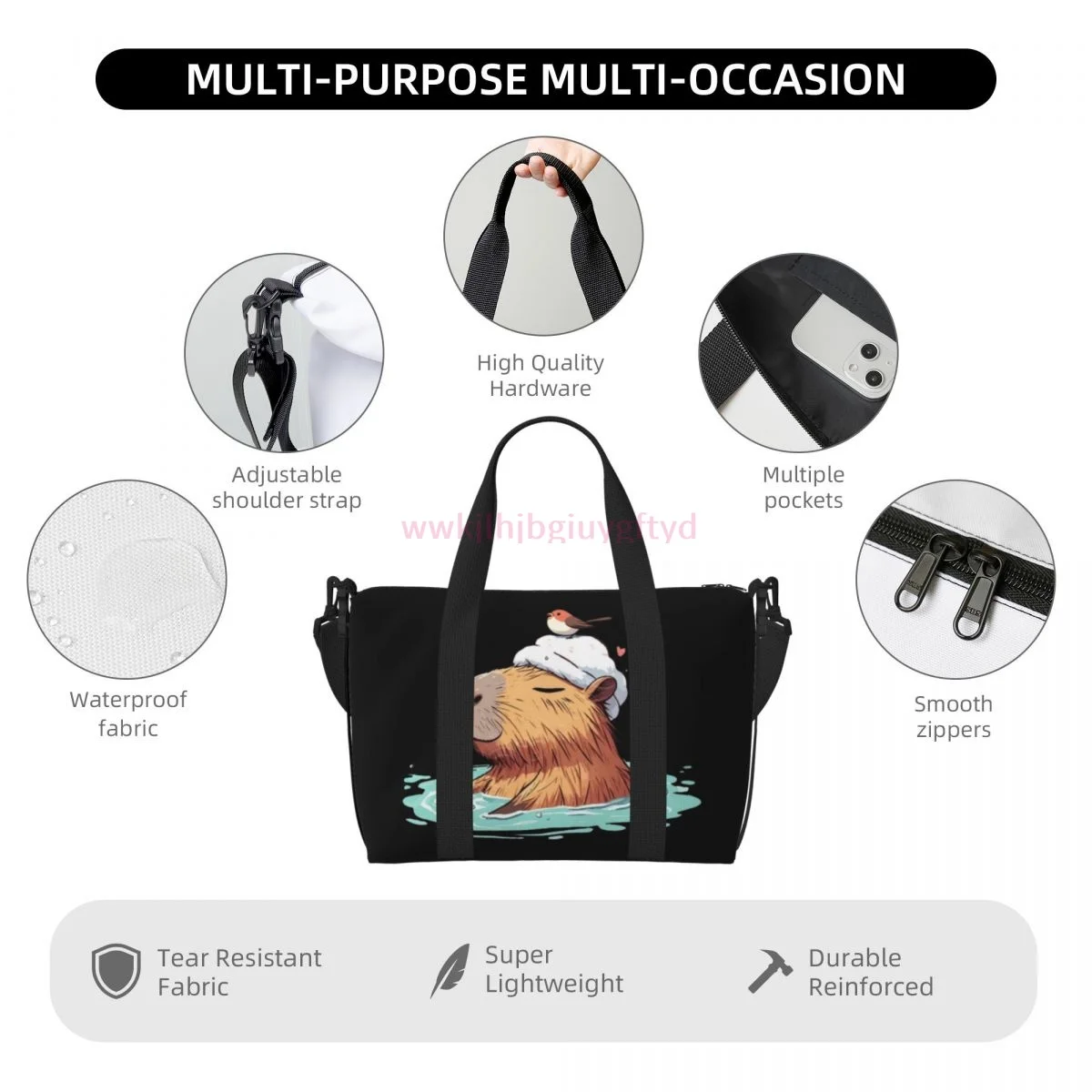Cool Capybara Spacious and durable men's and women's cartoon printed nylon large capacity sports fitness bag