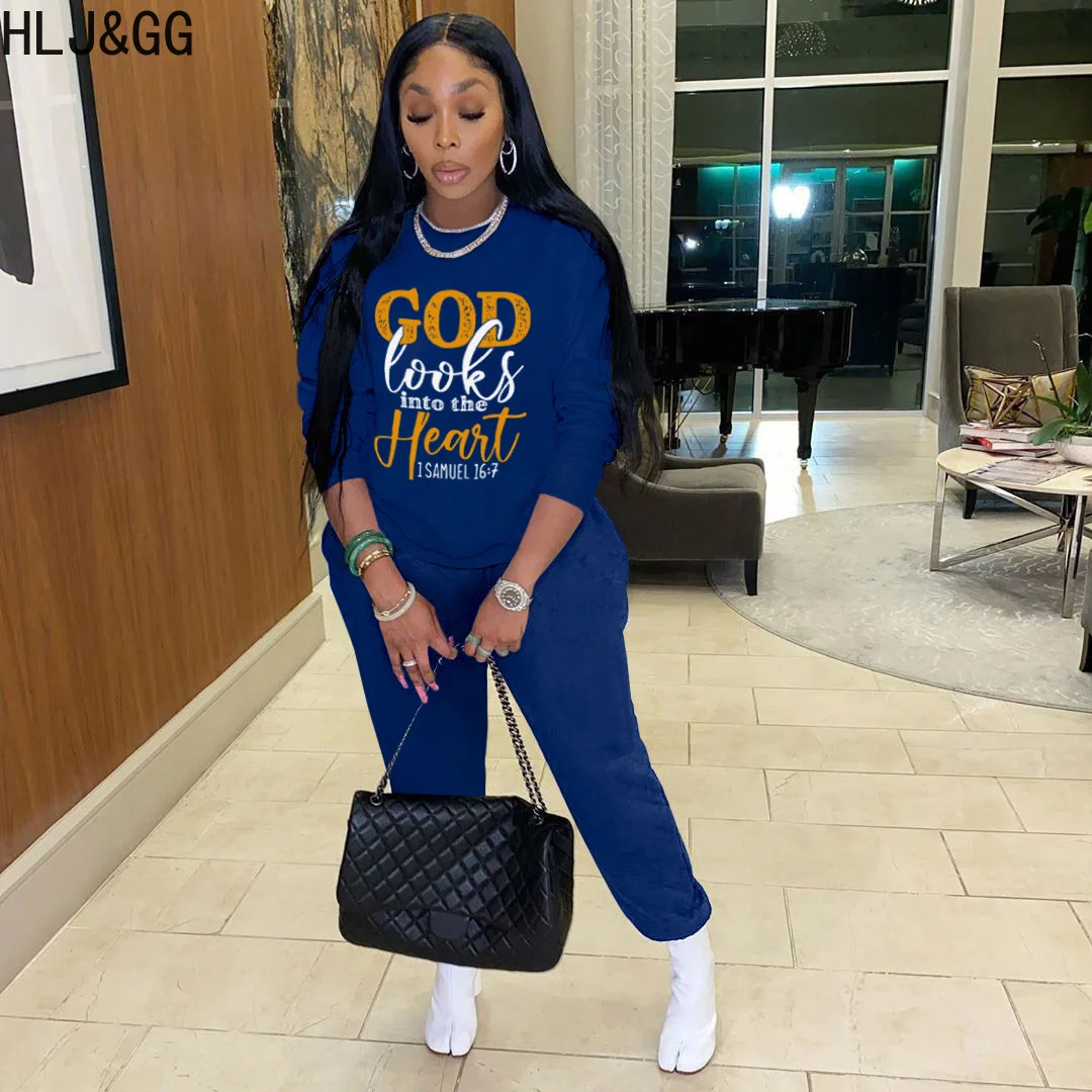 

HLJ&GG Casual Letter Printing Two Piece Sets Women Round Neck Long Sleeve Pullover + Jogger Pants Tracksuits Female 2pcs Outfits