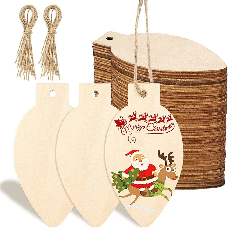 

2023 Hot-100PCS DIY Christmas Wooden Hanging Ornaments With Wood Unfinished Cutout Tag Blank Natural Wooden Slices With Ropes