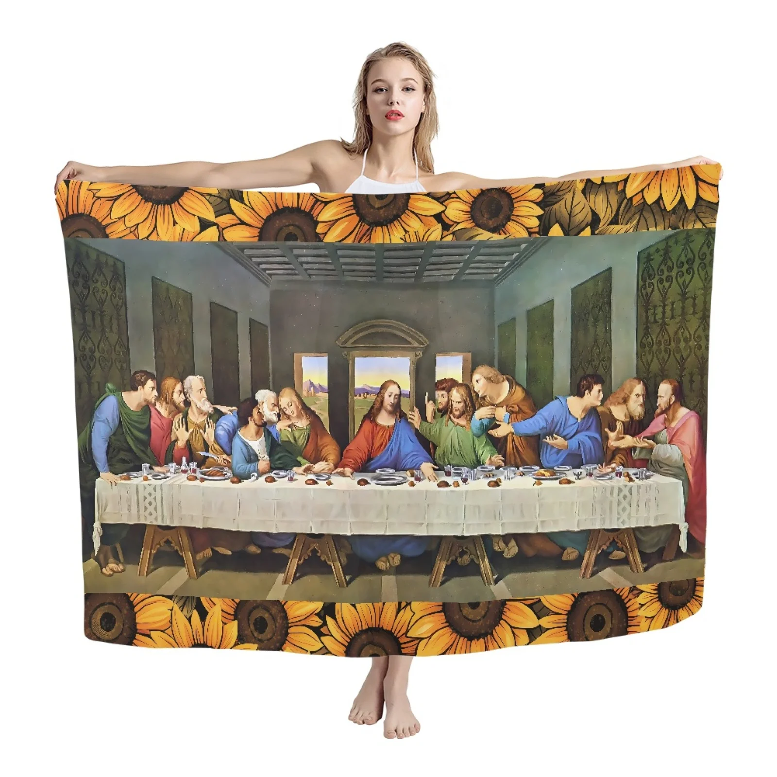 

Печать Иисуса на ужине с 12 учениками дизайн Последний Ужин подсолнухи Прозрачная Марля Прозрачный пляжный шарф Женская одежда