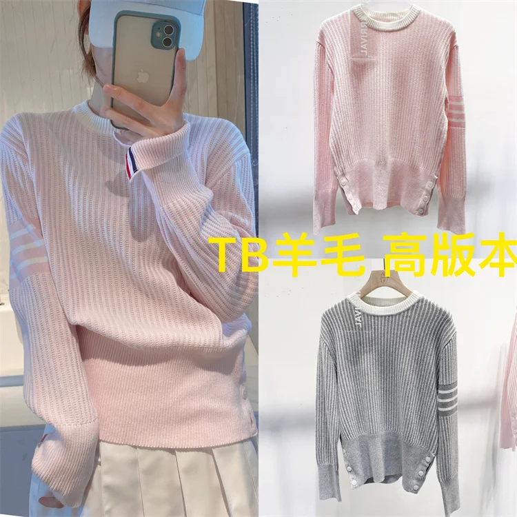 

Autumn TB Four Stripe Round Neck Pink Vertical Stripe Wool Knitting Top Long Sleeve Pullover Loose Sweater