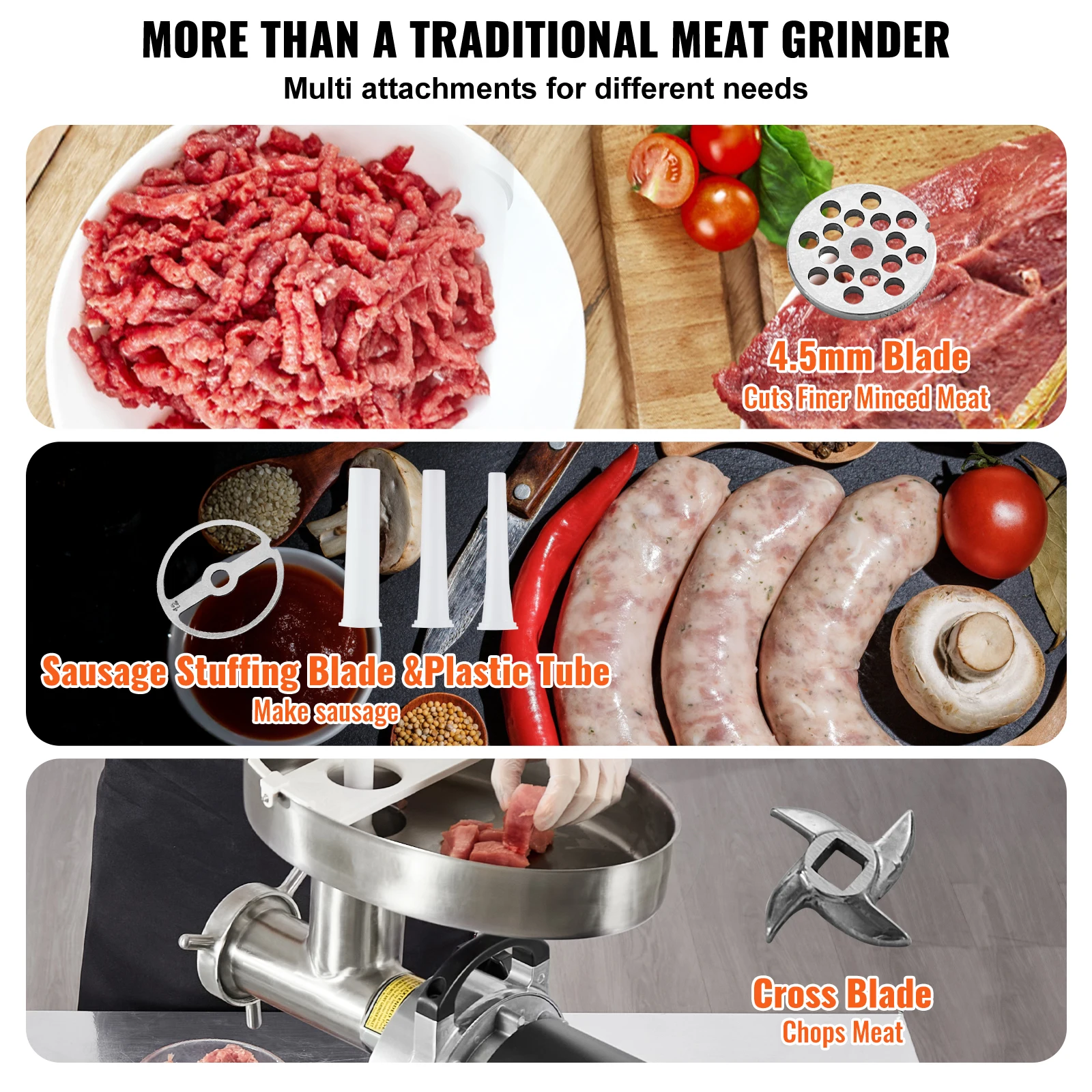 VEVOR Stainless Steel Commercial Meat Grinder, 14 Lbs/Min Capacity Electric Meat Grinders w/Blade, Grinding Plate, Sausage Maker 3