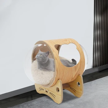 Wooden Spaceship Pet Bed for Cat & Dog Window Capsule-shaped Cat Bed Made of Wood House Cat Bed Indoor with Cushion 4