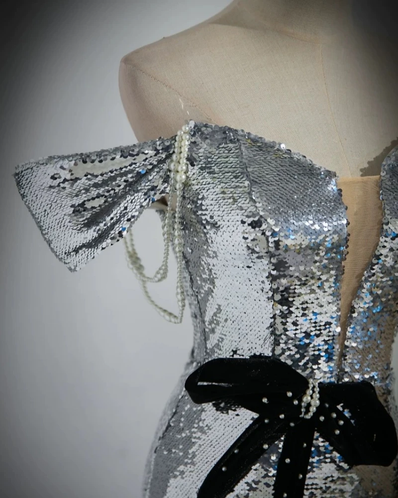 Silver Sequin Mermaid Evening Dress for Women Sexy Off The Shoulder Bow Beading Backless Fishtail Formal Celebrity Party Gowns
