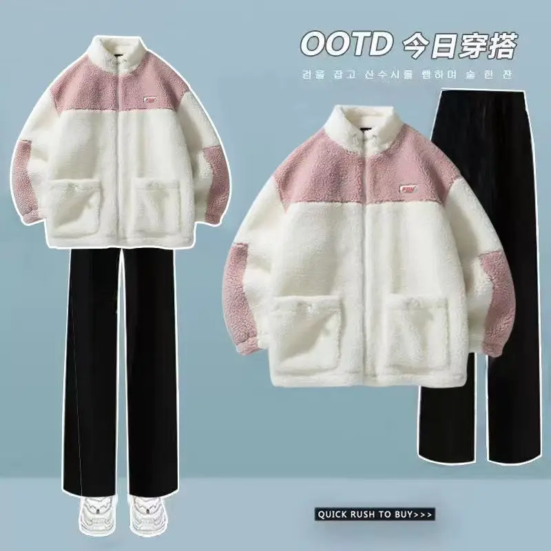 Fashion Set Women's Autumn and Winter Thickened Lamb Wool Coat Loose Wide Leg Pants Two Piece Set Winter Clothes Women Pant Sets