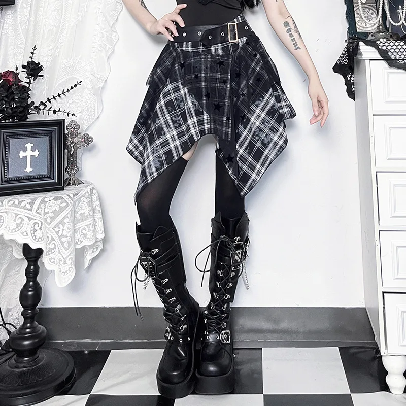 Goth Dark Punk Gothic Grunge Irregular Lace Hem Mini Skirts Women Mall Goth Plaid Pleated Skirt Belt Y2K Alt Streetwear Bottoms