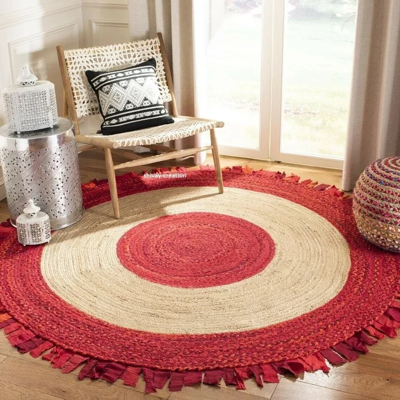 

Rug 100% Natural Jute Cotton Rug Round Reversible Area Carpet Home Decor Rugs Bedroom Decor Living Room Decoration