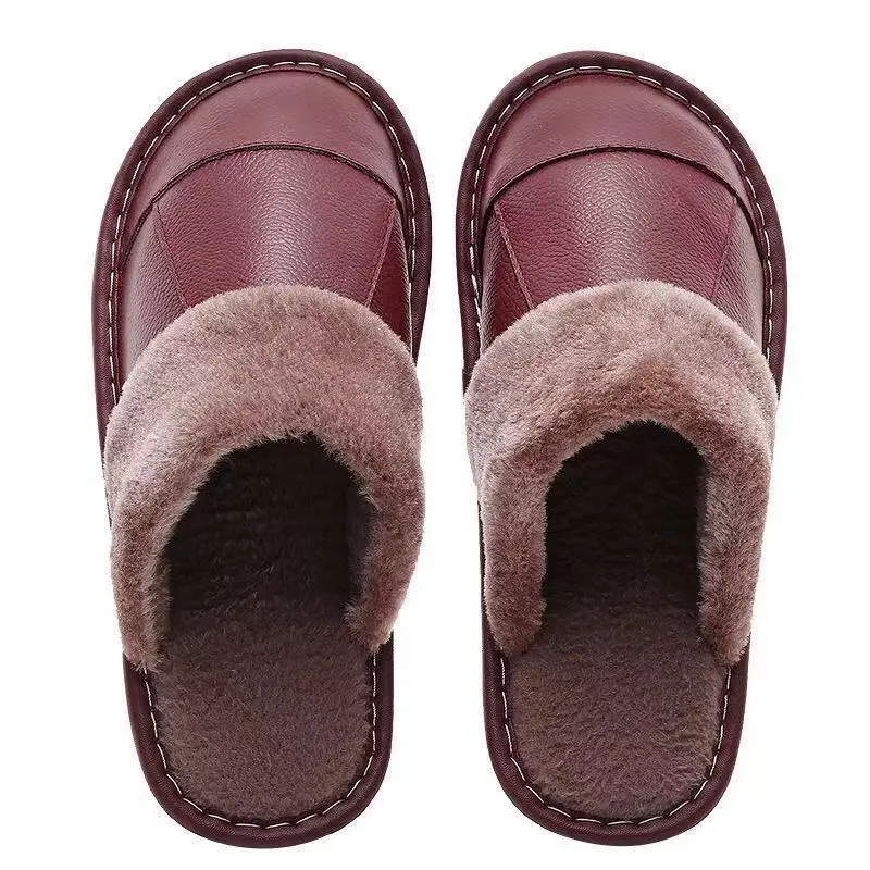 Autumn Winter New Thick Leather Cover Toe Warm Breathable Woman Couple Household Indoor Non-slip Waterproof Cotton Slippers Man 6