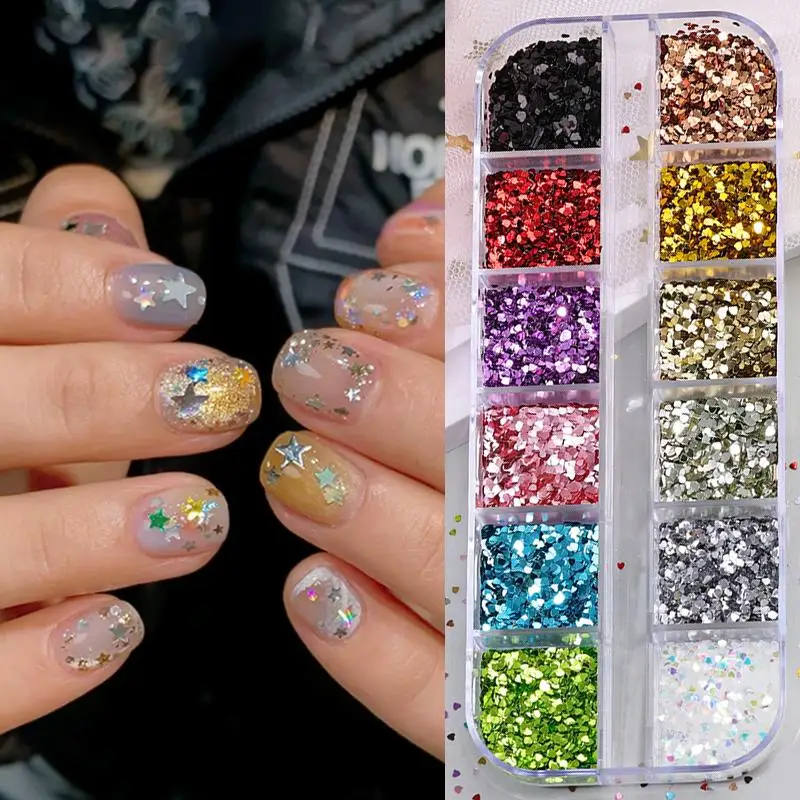 12 그리드 믹스 스타 하트 네일 글리터 1mm 스타 스팽글 네일 아트 DIY 화려한 반짝이 네일 참 네일 장식 액세서리