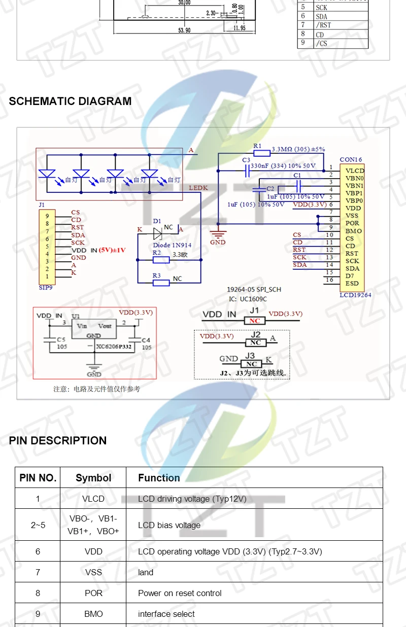 DIYTZT LCD19264 192*64 192X64 Grafikmatrix LCD Modul Display Bildschirm 3,3-5 V LCM eingebaute UC1609C Controller mit LED-Hintergrundbeleuchtung – Detail 2