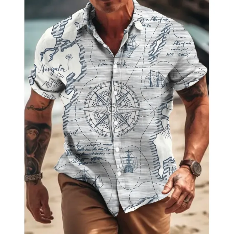 

Men's Shirt Graphic Prints Anchor Vintage Compass Sailboat Turndown Outdoor Street Short Sleeves Print Fashion Clothing Apparel