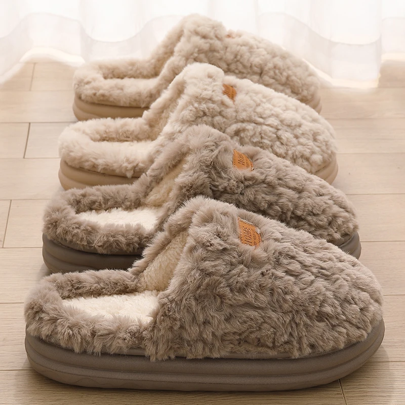 Winter Warm Home Cotton Slippers Women Thick Bottom Non Slip Indoor Fluffy Slides Woman Comfortable Long Plush Home Shoes Mujer