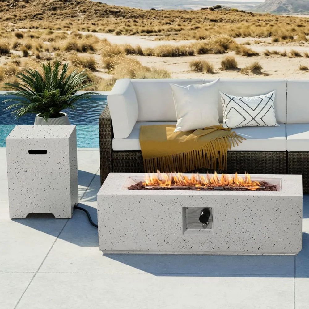 Outdoor Propane Fire Pit Table Set 2-Piece 42-inch Terrazzo Rectangle 50000 BTU 16 Inches Cover Side 20lb