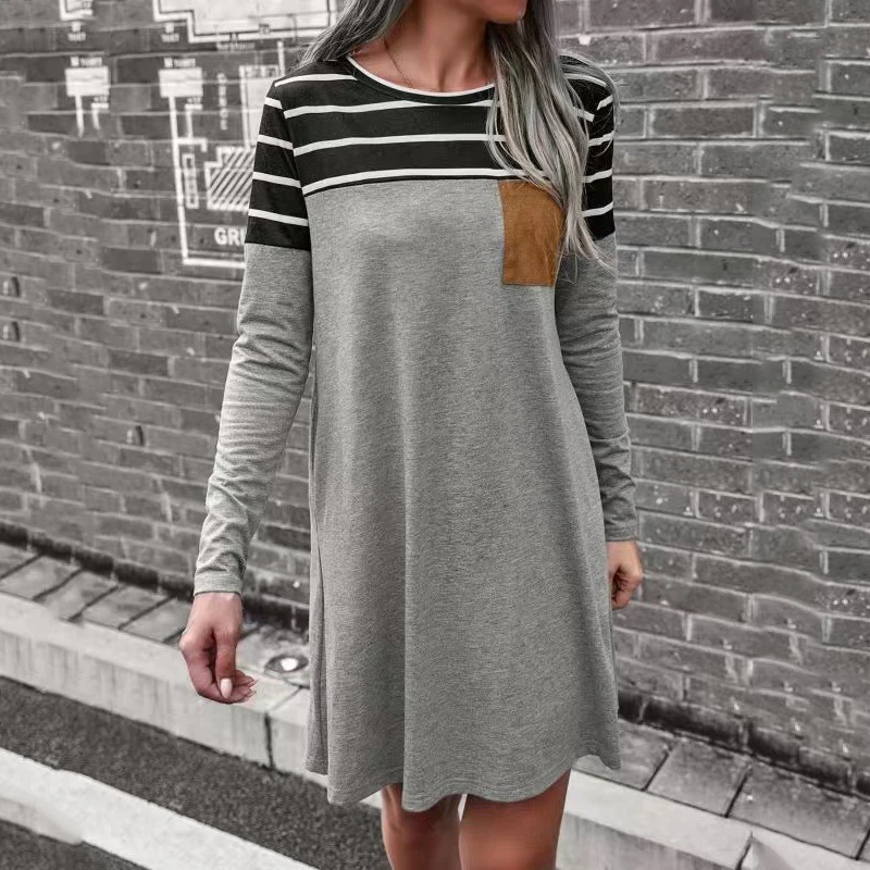 

2023 Women Dress Autumn New Striped Print Patchwork Long Sleeve O-neck Pocket Fashion Casual Loose Elegant Dress Female Clothing