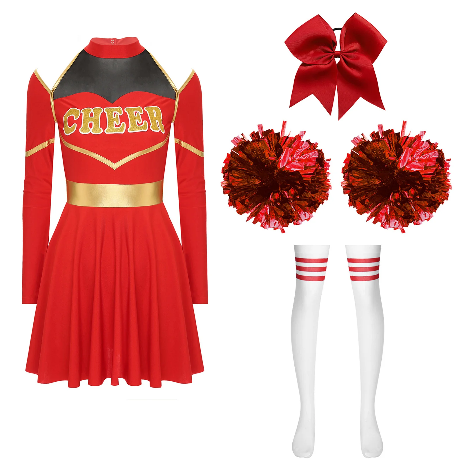Damen Cheerleader-Tanzkostüm Cheerleading-Uniform Schulterfreies Kleid mit Buchstabendruck Cheer-Tanz-Outfits – Detail 15
