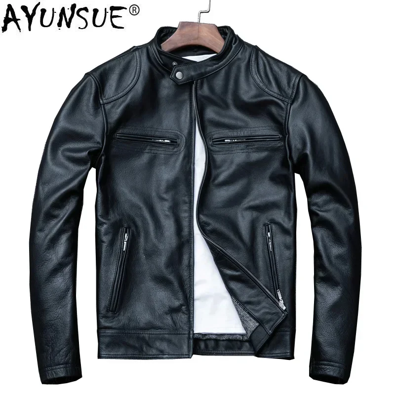 

Spring AYUNSUE Autumn Genuine Sheepskin Real Cow Leather Coat Short Motorcycle Jacket Men Clothes 2024