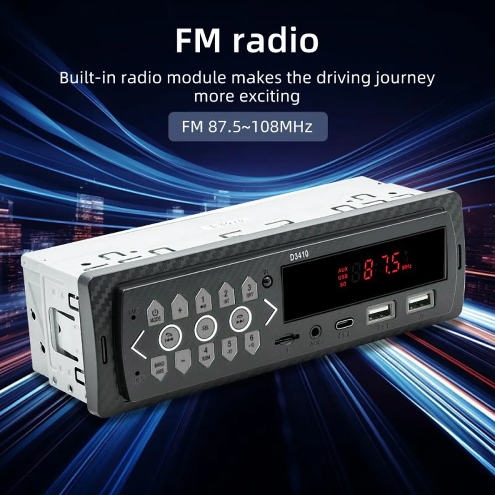 D3410 싱글 딘 차량용 블루투스 MP3 플레이어 범용 스테레오 라디오 FM USB TF 카드 AUX HD 무손실 오디오 리모컨 차량용