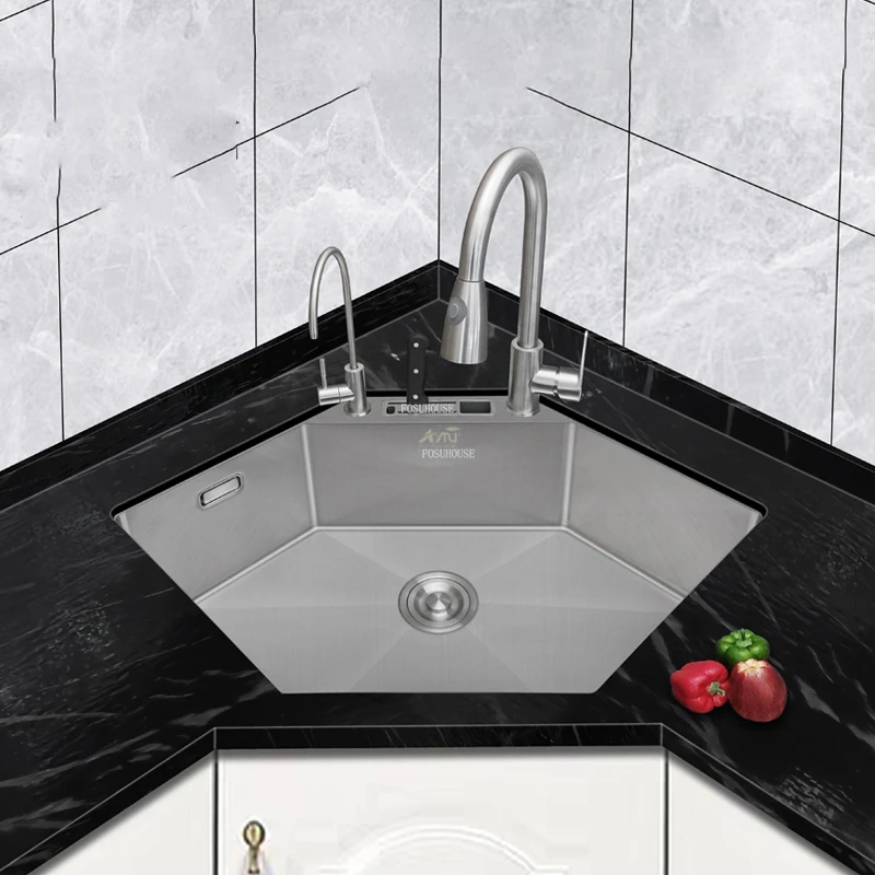 Stainless Steel Kitchen Sinks Light Luxury Corner Washbasin Designer Kitchen Hexagonal Sink Under-counter Embedded Sink PLRNXH