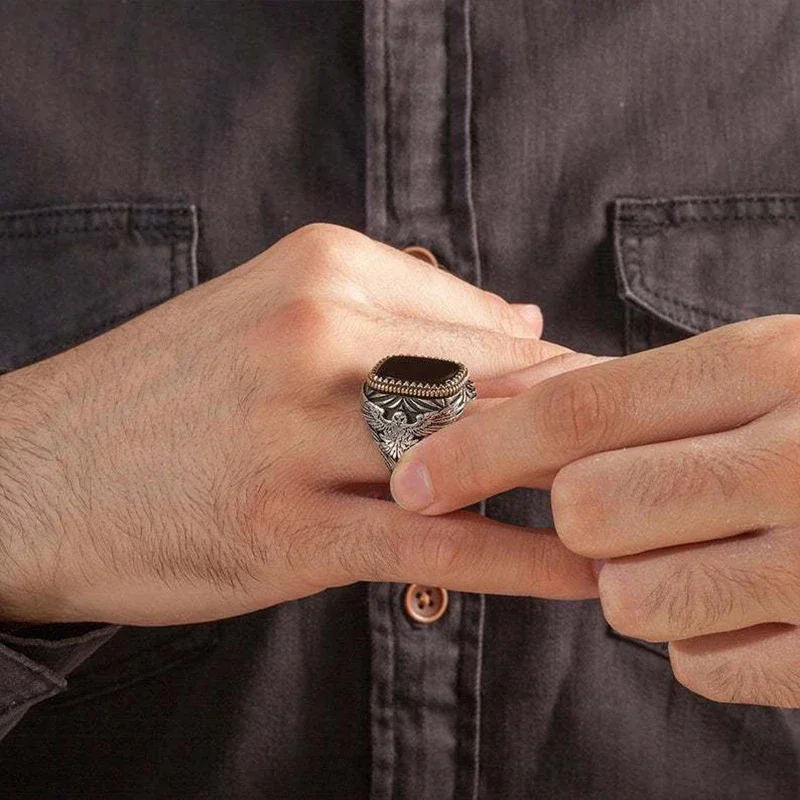 Handmade Signet Turkish Men Ring Vintage Trendy Two Tone Inlaid Black Zircon Metal Eagle Punk Rings Wedding Party Retro Jewelry - Image 4