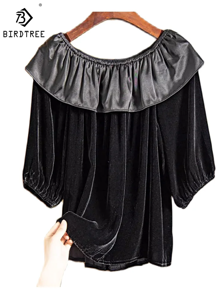 

Birdtree 100%Natural Silk Velour T-shirts Woman Slash Neck Ruffles Elegant Designed Loose Baisics Tees Fall Winter Tops T39435QM